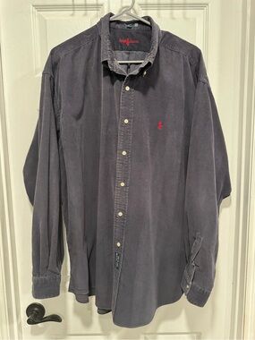 Mariana Men's Button-Down Shirt in Faded Navy with Red Logo